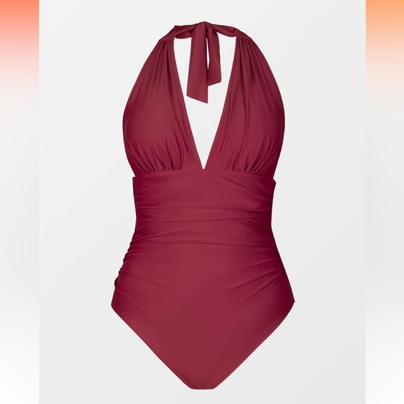 NWT CUPSHE V Neck One Piece Swimsuit Halter Backless Ruched Tummy Control, Large - Picture 5 of 9